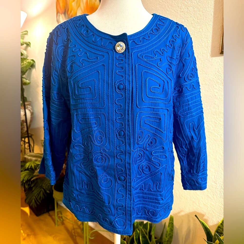 Joni B. Artsy 3/4 Sleeve Blue Statement Cardigan Jacket size LP